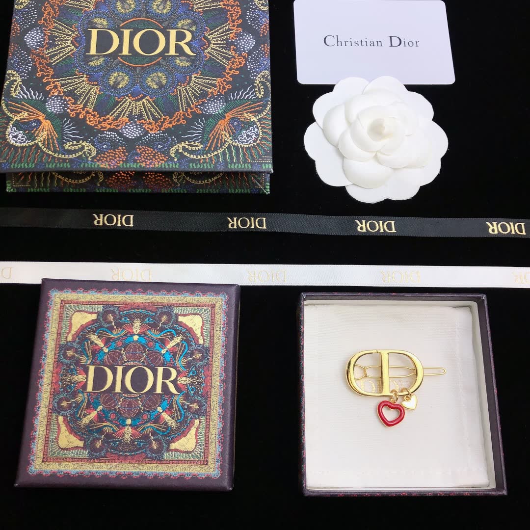 Dior Gold Tone Hair Clip with Red Heart Charm